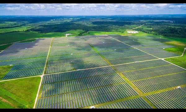 An aerial view of a vast solar farm spread across the countryside.