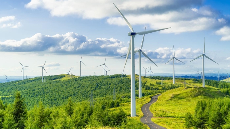 Wind turbines and electricity pylons, along a country raod.