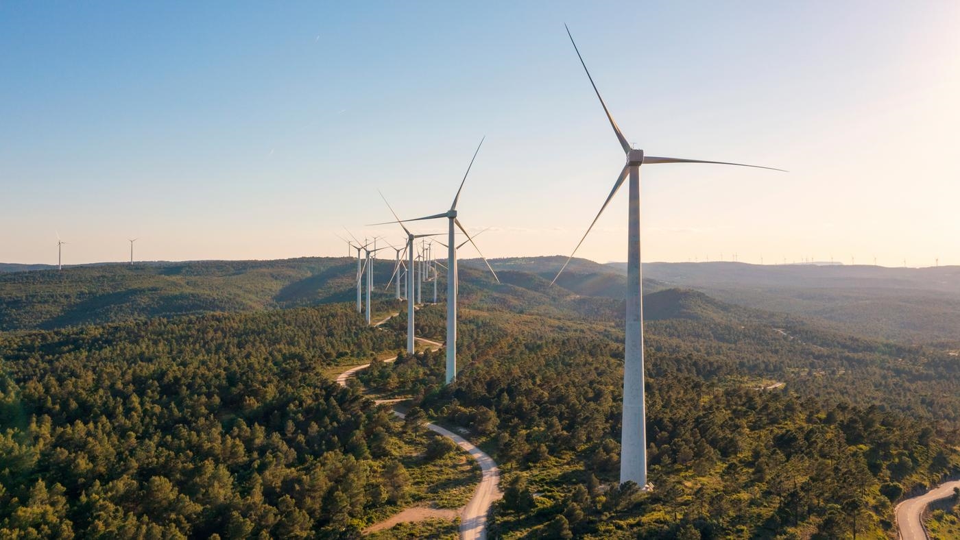 Aerial view of wind turbines in a forest during sunset.