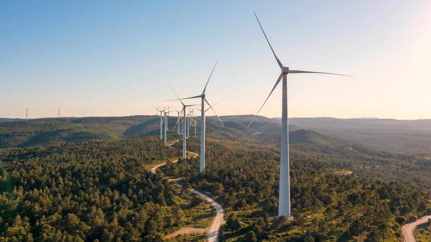 Aerial view of wind turbines in a forest during sunset.