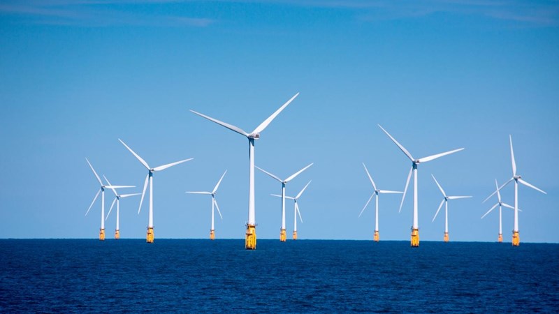 A group of wind turbines in the ocean.