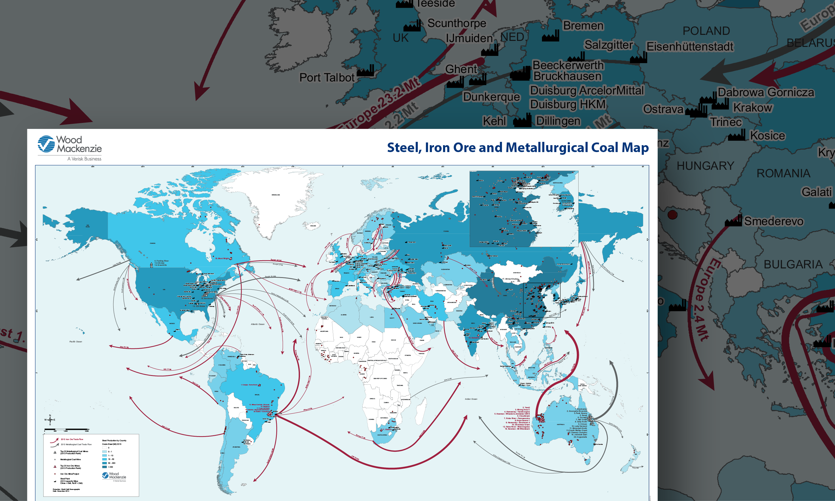 Iron Deposits World Map Steel, Iron Ore & Metallurgical Coal Wall Map | Wood Mackenzie